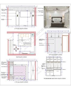 an architectural drawing shows the interior and floor plans for a bathroom, bedroom, and living room