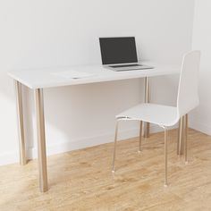 a laptop computer sitting on top of a desk next to a white chair and wooden floor