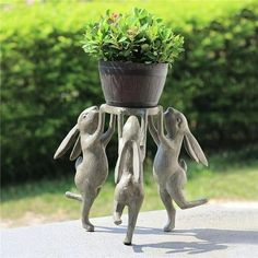 three rabbits are hanging from a potted plant on a table in front of some bushes