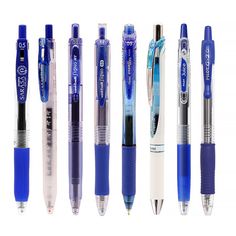 five different types of pens lined up in a row on a white background with one blue and the other silver