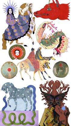 an assortment of paper cut outs with animals and people on them, all in different colors