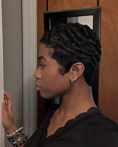 Nia Long Short Hair Pixie Cuts, Pin Curls For Black Women Short Hair, Nia Long Short Hair, Natural Hair Bob Cut, Curled Pixie Cut, Bday Shoot Ideas, Relaxed Hairstyles, Short Relaxed Hairstyles