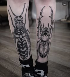 the legs are decorated with tattoos and bugs