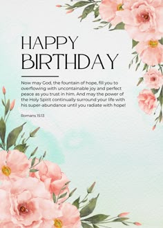 a happy birthday card with pink flowers