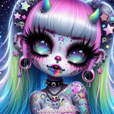 a painting of a girl with pink hair and piercings on her face, surrounded by stars