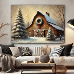 a living room scene with a christmas painting on the wall