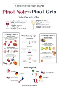 the wine guide for pinot noir's pinot gris is shown in red and