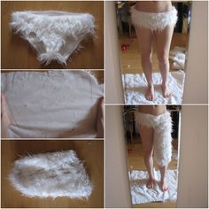 there are pictures of someone's legs in white feathers