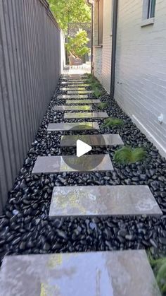 an outdoor walkway with stepping stones and plants