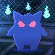 a cartoon character standing in front of a chain link fence with glowing lights behind it