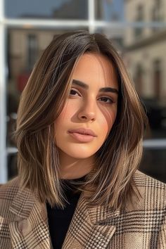 Long Bob Layers Straight, Hair Styles Medium Length Straight, Long Bob Straight Hair Layers, Long Layered Haircuts Curtain Bangs Short Hair, Lob Haircut Brown Hair, Over Shoulder Haircut, Timeless Short Hairstyles, Plus Size Medium Hair, Medium Bob For Thick Hair