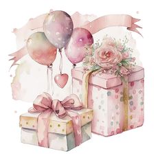 a watercolor painting of presents and balloons