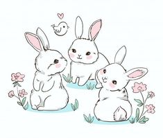 three rabbits sitting next to each other in the grass with flowers and birds around them