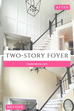 two story foyer before and after remodeling with white walls, black railings, and pink accents