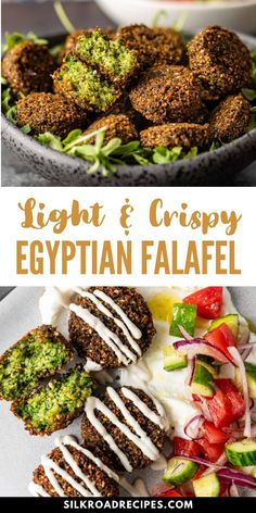 an egyptian falafe with broccoli, tomatoes and cucumber on the side