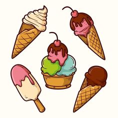 four ice cream cones with different toppings on them, one is pink and one is green