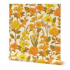 an orange and yellow flowered wallpaper with green leaves on the bottom, against a white background