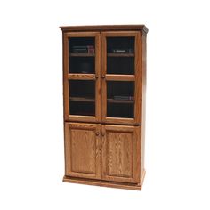 a wooden bookcase with glass doors on the front and bottom shelves, against a white background