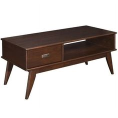 a wooden coffee table with two drawers on one side and an open drawer on the other