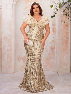 Plus Size Champagne Gold Luxurious Palace Beaded 3D Decorated Long Elegant Fish Tail Evening Dress Formal Prom Wedding Guest Gown, For Graduation, Dinner Champagne   Cap Sleeve Sequins Plain,All Over Print Bodycon Slight Stretch  Weddings & Events, size features are:Bust: ,Length: ,Sleeve Length: Embellished Fishtail Dress For Banquet, Luxury Gold Floor-length Maxi Dress, Gold Floor-length Dress With Rhinestones, Glamorous Gold Floor-length Maxi Dress, Luxurious Palace, Luxury Champagne Sequin Floor-length Dress, Gold Fitted Maxi-length Sequin Dress, Plus Prom Dresses, Wedding Guest Gowns