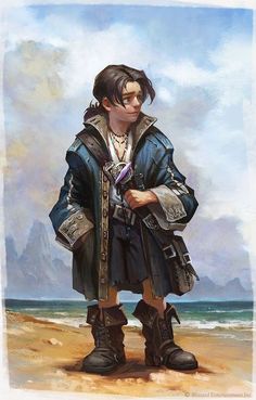 a painting of a boy standing on the beach with his hands in his pockets and wearing boots