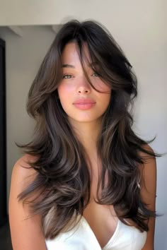 27 Timeless Long Hair with Bangs Hairstyles Everyone’s Talking About Curtain Bangs On Brunettes, Long Layer And Face Framing, Brown Hair With Layers Medium Length, Face Framing Curtain Bangs Brunette, Medium Length Haircut With Color, Haircut Inspo For Medium Length Hair, Brunette With Long Layers, Long Haircut With Layers And Curtain Bangs, Curtain Bangs Medium Hair No Layers