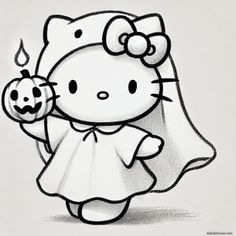 a drawing of a hello kitty holding a pumpkin