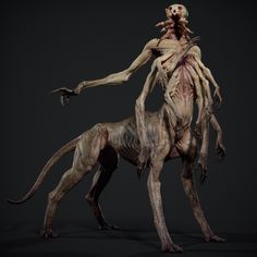 an alien dog is standing next to a human like creature that appears to be attacking