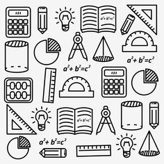 a black and white drawing of school supplies