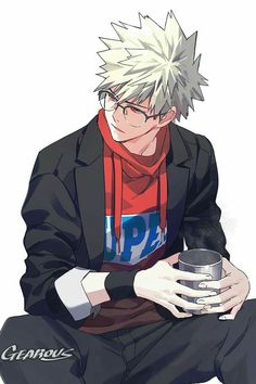 an anime character with white hair and glasses holding a cup in his hand, while sitting down