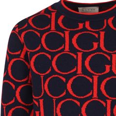 Color: Blue Blue sweater from the Italian luxury brand Gucci Kids, made of wool jacquard. It features long sleeves, a crew neck, ribbed cuffs and hem. It is embellished with an all-over red Gucci magazine logo. Made in Italy 100% Wool. Hand wash. Gucci Wool Crew Neck Sweater, Gucci Casual Blue Sweater, Gucci Blue Casual Sweater, Casual Blue Gucci Sweater, Gucci Blue Long Sleeve Sweater, Designer Crew Neck Winter Sweater, Designer Crew Neck Sweater For Winter, Blue Long Sleeve Gucci Sweater, Designer Winter Sweater With Ribbed Cuffs