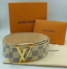 Louis Vuitton Belt Damier Azur Blue Cream Gold LV Buckle M9609... Cream And Gold, Blue Cream