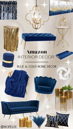 blue and gold home decor with the words amazon interior decor on it's side