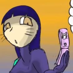 a cartoon character holding a pink cell phone