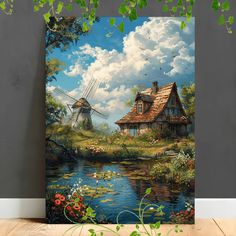 a painting on the wall of a house and windmills in front of a pond