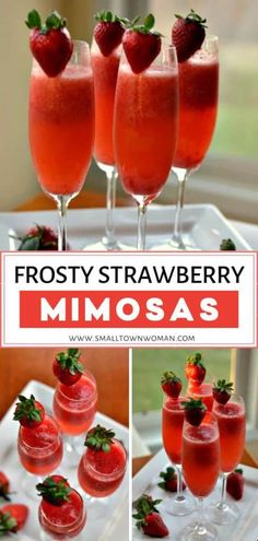 strawberry mimosa cocktail with fresh strawberries on the rim