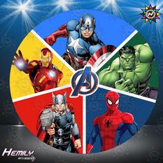 the avengerss are depicted in a circle with four different colors and logos on it