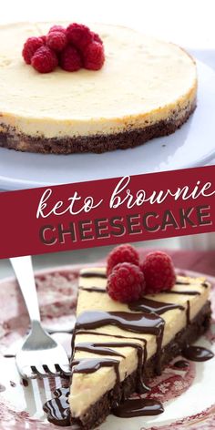 a cheesecake with chocolate and raspberries on top