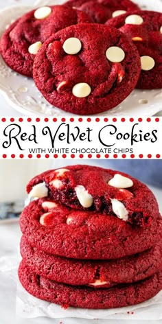 red velvet cookies with white chocolate chips are stacked on top of each other, and the cookie has been frosted