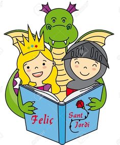 two children are reading a book with a dragon and princess in the middle one is wearing a helmet