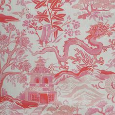 a red and pink wallpaper with dragon designs on it's side, in front of a white background