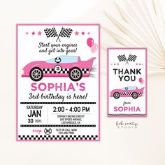 a pink car birthday party with thank you notes