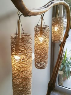 three light fixtures hanging from a wooden branch in front of a window with a mirror behind them