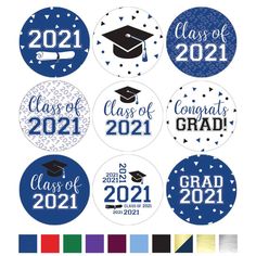 graduation stickers with the class of 2020 in blue, white and black on them