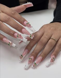 Cherry On Nails Design, Cherry Nails With Rhinestones, Long French Tip Nails With Charms, Cherry Gem Nails, Nails With Cherry Charms, Diamond Cherry Nails, Nails With Cherries, Acrylic Nails With Cherry Charms, Pink Cherry Charm Nails