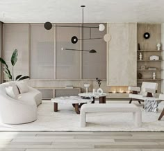 a modern living room with white furniture and large windows in the back wall, along with shelving