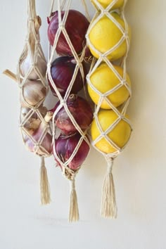 an assortment of fruits and vegetables hanging on a wall with string attached to the hooks