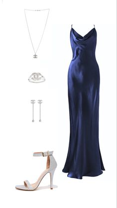 Dark Blue Silk Dress Aesthetic, Dark Blue Homecoming Dress Long, Prom Shoes For Blue Dress, Best Dress Colors For Brunettes, Blue Polyvore Outfits, Formal Dress Inspo Aesthetic, Blue Dress Gold Jewelry, Navy Wedding Guest Outfit, Blue Silk Dress Long