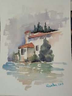 a watercolor painting of a house with trees in the background