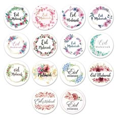 six different floral badges with the names of each member in english and arabic, on white background